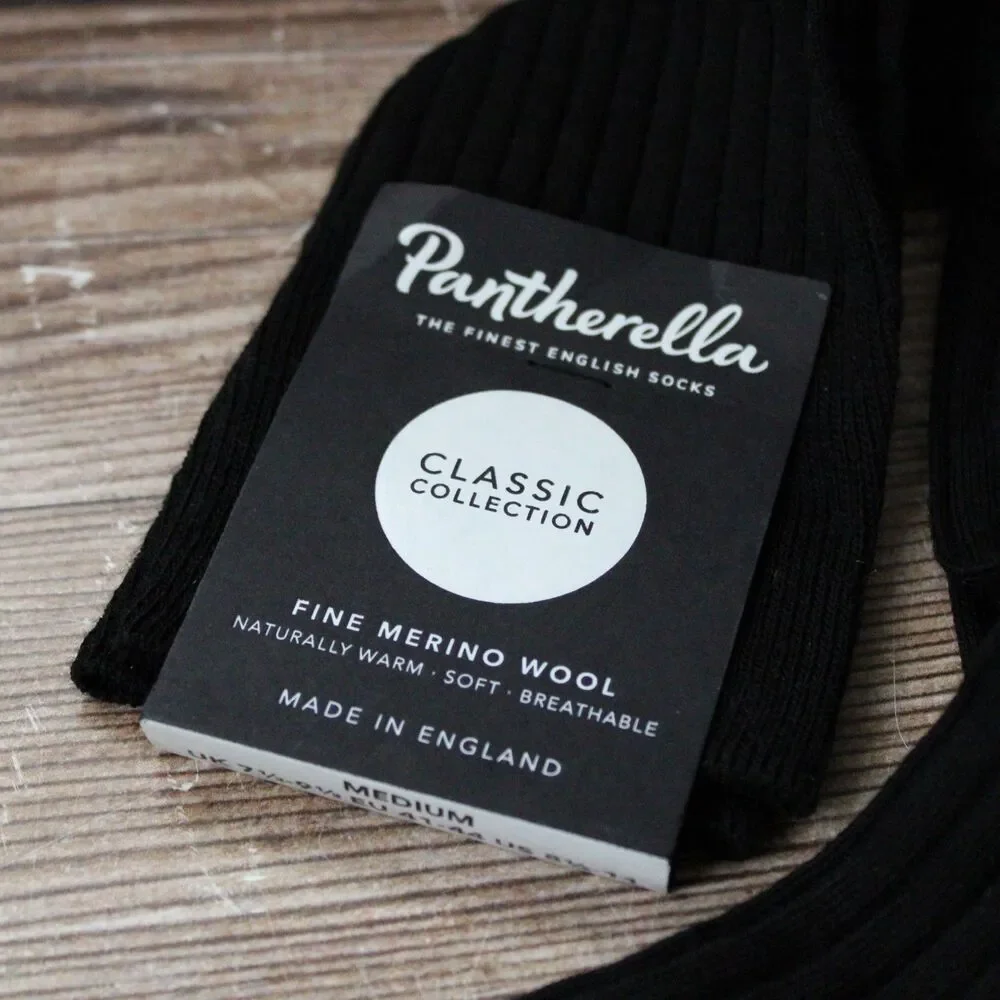 PANTHERELLA MENS M FINE WOOL DRESS SOCKS OVER THE CALF BLACK 6796 LABURNUM NWT